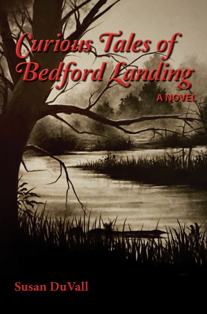 Book cover for Curious Tales of Bedford Landing, depicting a waterfront scene with reeds, mist, and leafless trees.